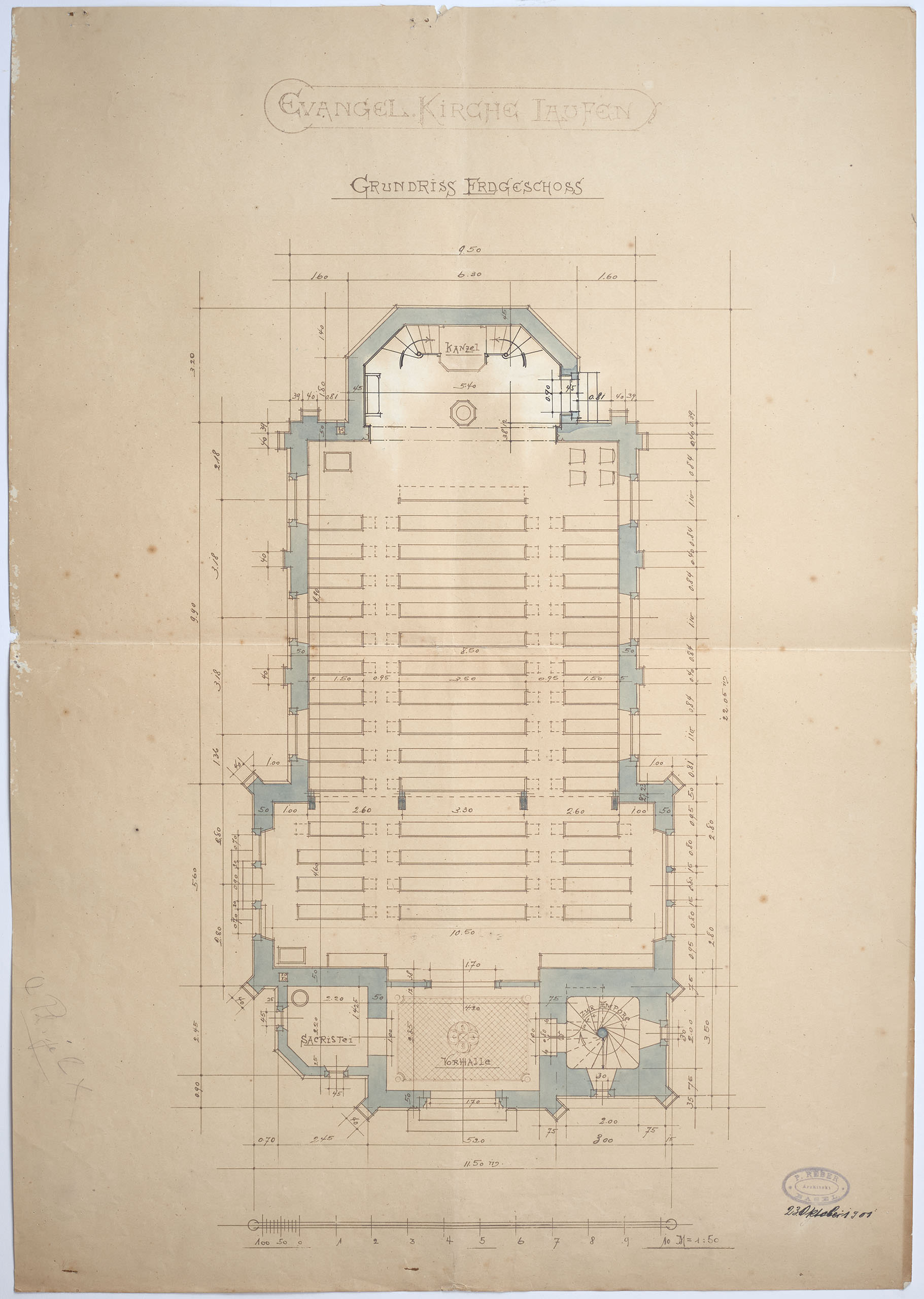 Laufen, Evangelisch-reformierte Kirche. Grundriss von Paul Reber